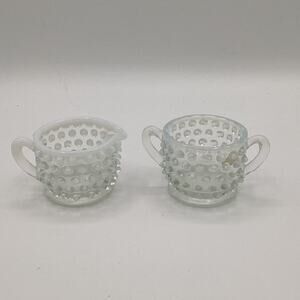 Vtg Fenton Opalescent Hobnail Moonstone Mini Creamer and Sugar Bowl Set No Chips